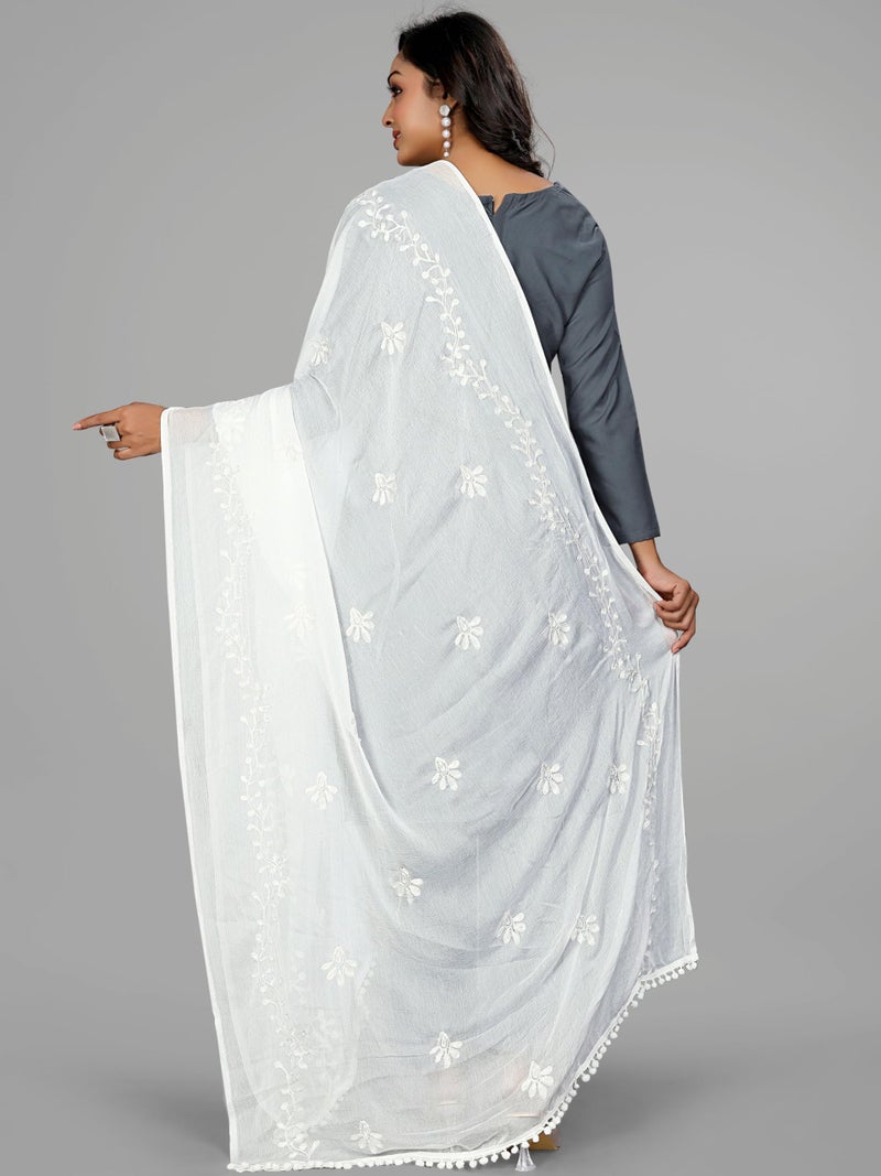 KEMZA Women's Chiffon Phulkari Floral Dupatta with Lace Border – Soft & Lightweight (White) - Image 4