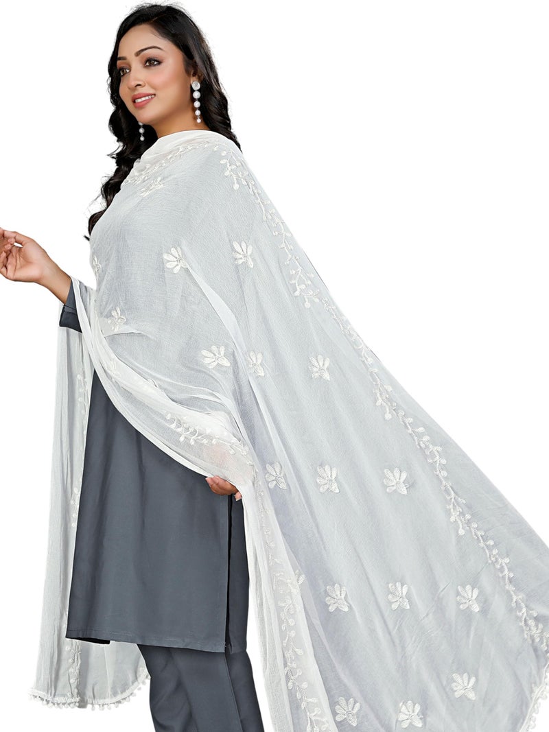 KEMZA Women's Chiffon Phulkari Floral Dupatta with Lace Border – Soft & Lightweight (White) - Image 3