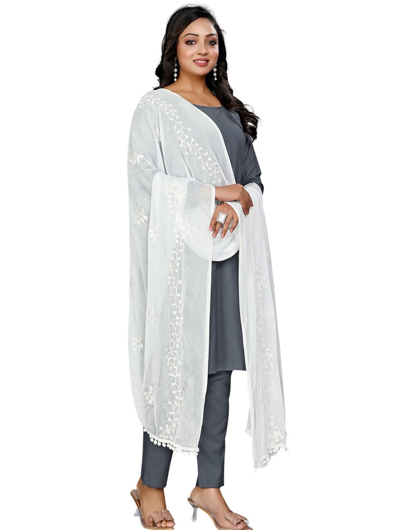KEMZA Women's Chiffon Phulkari Floral Dupatta with Lace Border – Soft & Lightweight (White) - Image 2