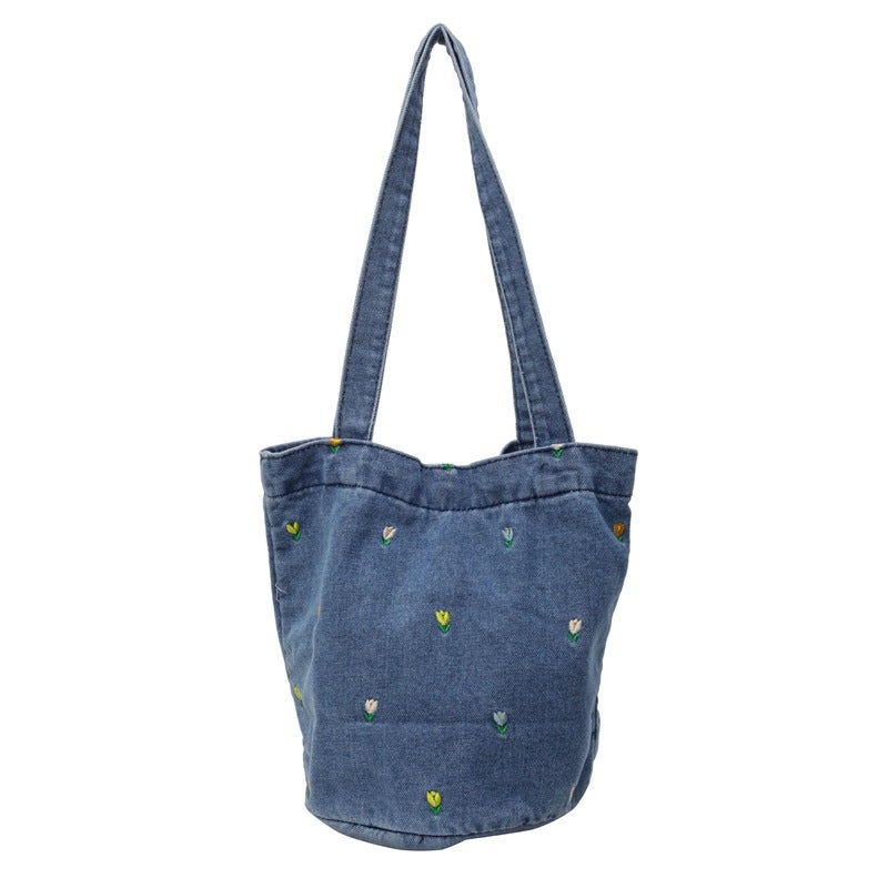Denim Bucket Bag Large Capacity Women'S Bag 2024 Style Fresh Embroidered Shoulder Bag All-Match Underarm Bag - Image 1