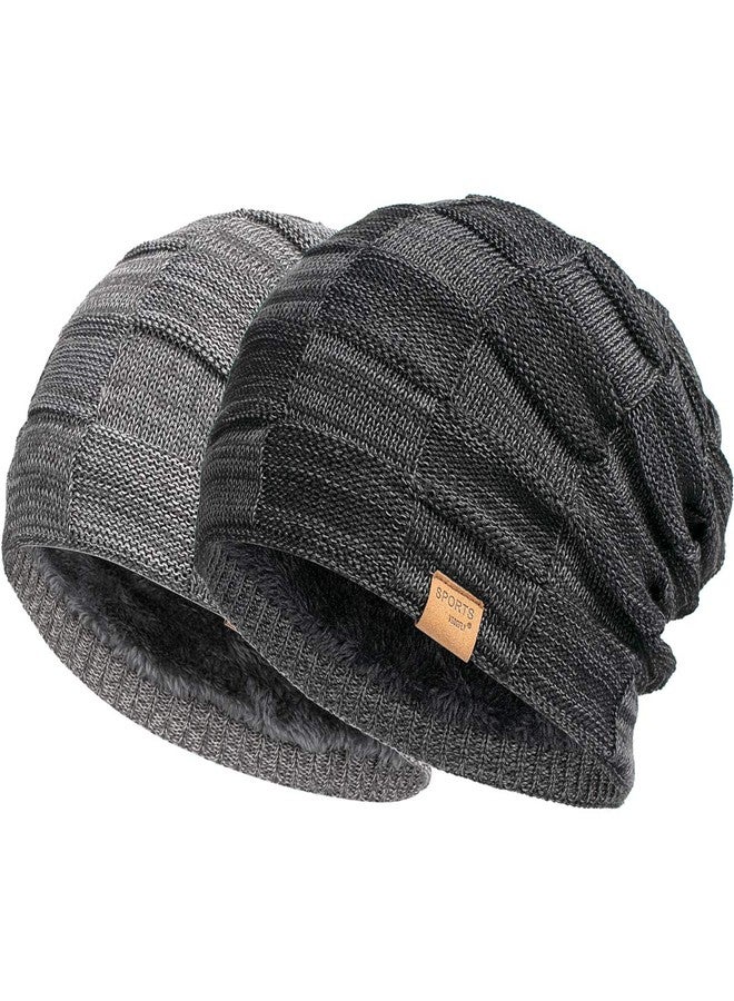 Vgogfly Slouchy Beanie for Men Winter Hats for Guys Cool Beanies Mens Lined Knit Warm Thick Skully Stocking Binie Hat Black/Dark Grey - Image 1