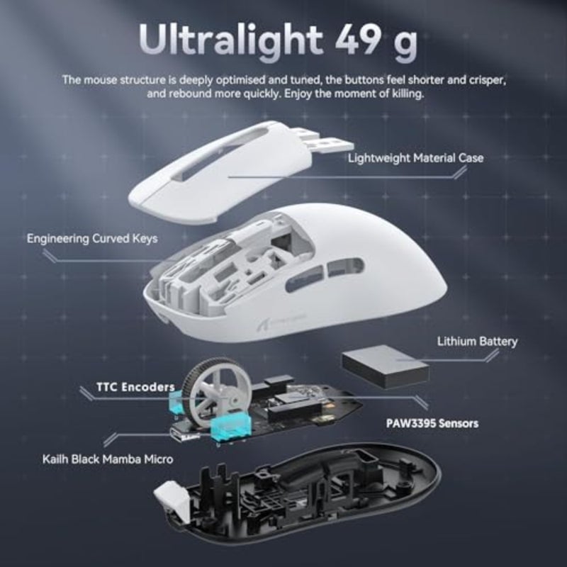 Office gaming mouse for Win11/Xbox/PS/Mac: ultralight 49g, PixArt PAW3395 sensor, BT/2.4G wireless, 26000 DPI, 200h battery, matte black aluminum alloy - Image 5