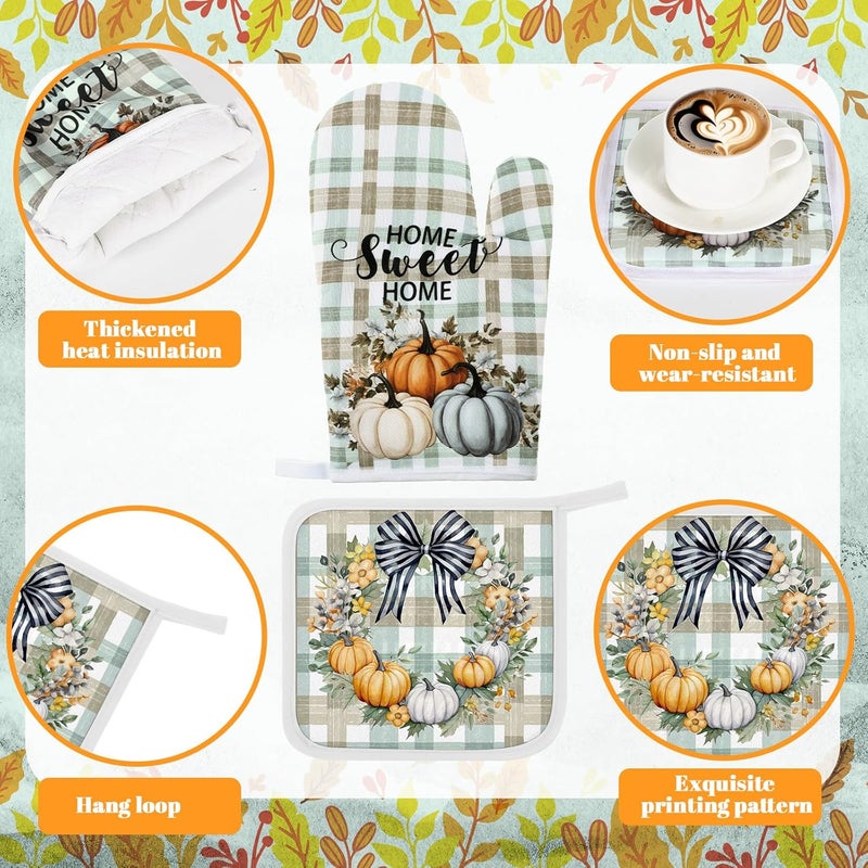 Fourluoo 10 Pcs Thanksgiving Fall Pumpkin Kitchen Decor Set Oven Mitts and Pot Holders Set Pumpkin Dish Towels Fall Kitchen Rug and Mats for Autumn Chef Baking Cooking Grilling BBQ Women Mom Gift - Image 5