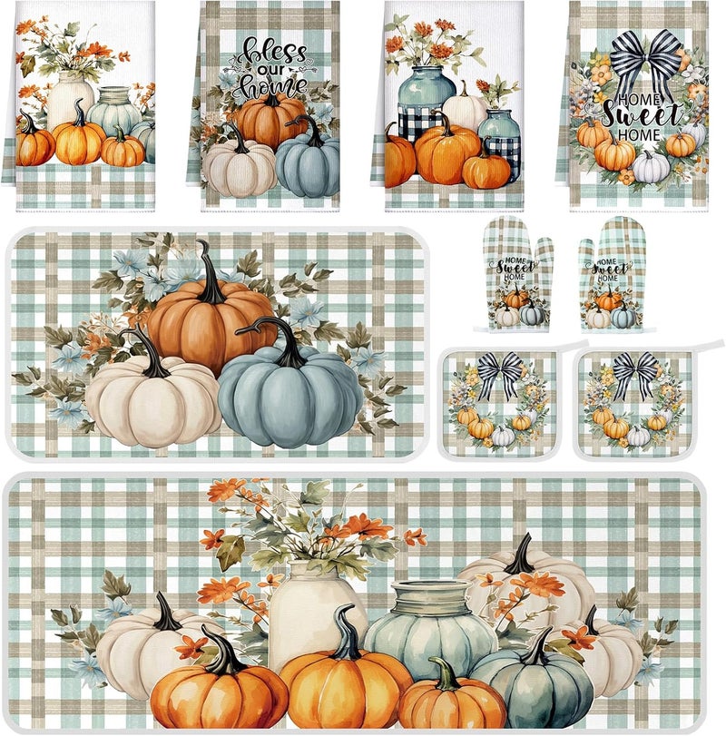 Fourluoo 10 Pcs Thanksgiving Fall Pumpkin Kitchen Decor Set Oven Mitts and Pot Holders Set Pumpkin Dish Towels Fall Kitchen Rug and Mats for Autumn Chef Baking Cooking Grilling BBQ Women Mom Gift - Image 1