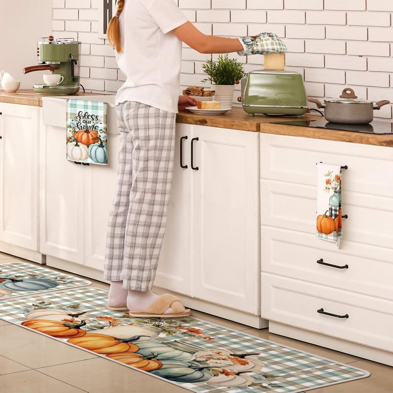 Fourluoo 10 Pcs Thanksgiving Fall Pumpkin Kitchen Decor Set Oven Mitts and Pot Holders Set Pumpkin Dish Towels Fall Kitchen Rug and Mats for Autumn Chef Baking Cooking Grilling BBQ Women Mom Gift - Image 4