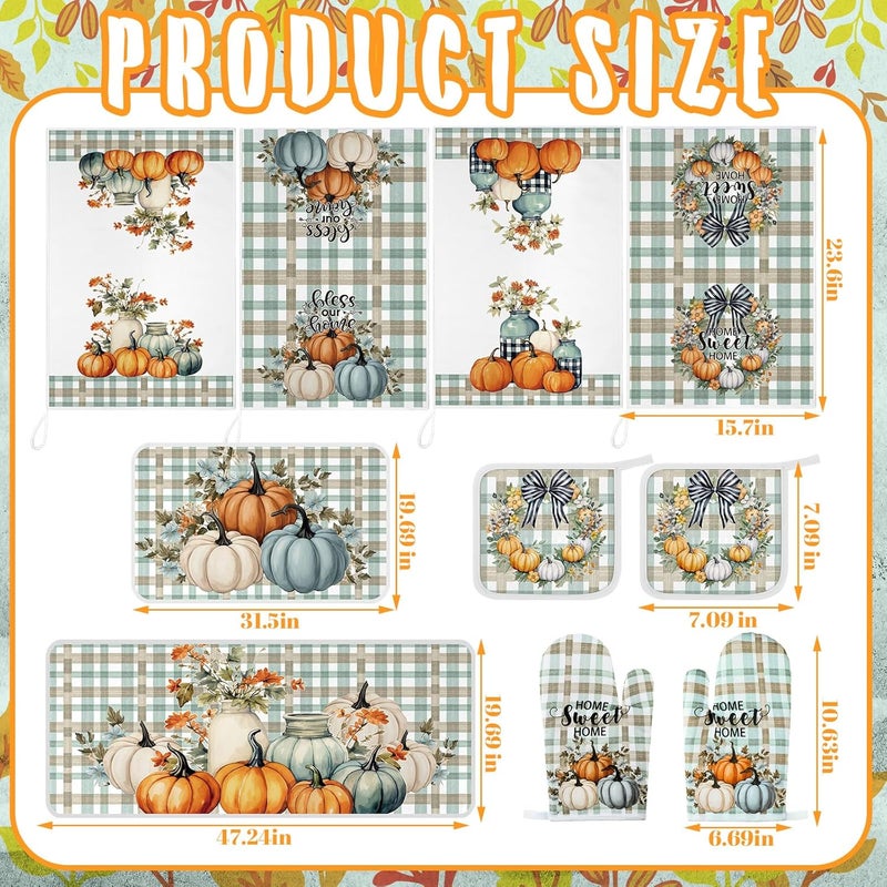Fourluoo 10 Pcs Thanksgiving Fall Pumpkin Kitchen Decor Set Oven Mitts and Pot Holders Set Pumpkin Dish Towels Fall Kitchen Rug and Mats for Autumn Chef Baking Cooking Grilling BBQ Women Mom Gift - Image 3