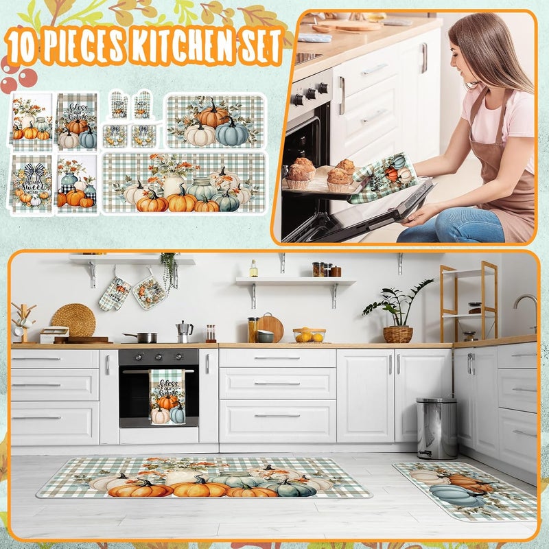 Fourluoo 10 Pcs Thanksgiving Fall Pumpkin Kitchen Decor Set Oven Mitts and Pot Holders Set Pumpkin Dish Towels Fall Kitchen Rug and Mats for Autumn Chef Baking Cooking Grilling BBQ Women Mom Gift - Image 2
