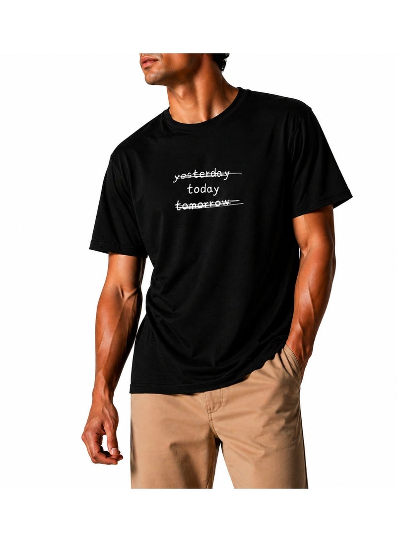 Men's Relax Fit Cotton T-shirt with 'Yesterday Today Tomorrow' Print - Black - Image 1