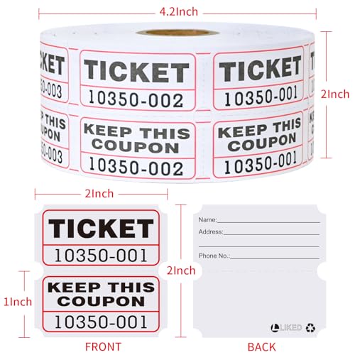 L LIKED White Raffle Tickets Double Rolls with consecutively Numbered 50/50 Stub Raffle Tickets for Events, Entry, Class Reward and More-1000 Tickets/Roll - Image 2