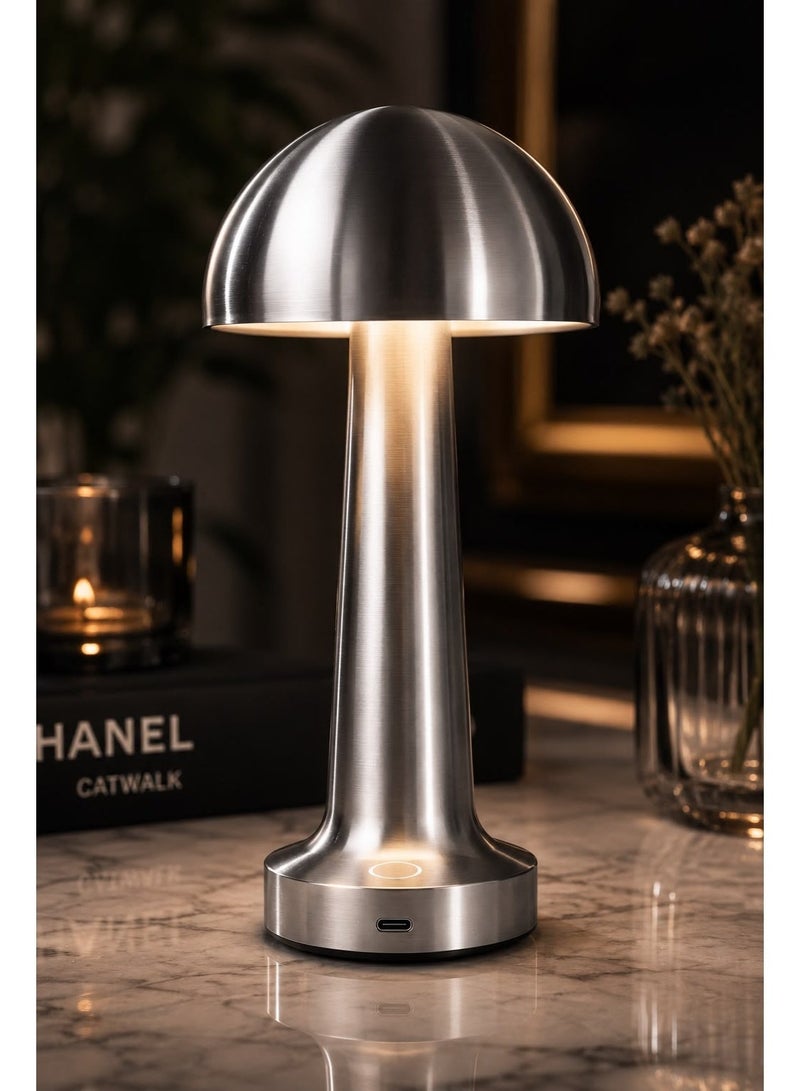 مصباح طاولة على شكل فطر، مصباح ليلي LED محمول قابل لإعادة الشحن مع خاصية التعتيم باللمس، مصباح بجانب السرير للأطفال، غرفة النوم، غرفة المعيشة، المكتب، وديكور البار، فضي - Image 1