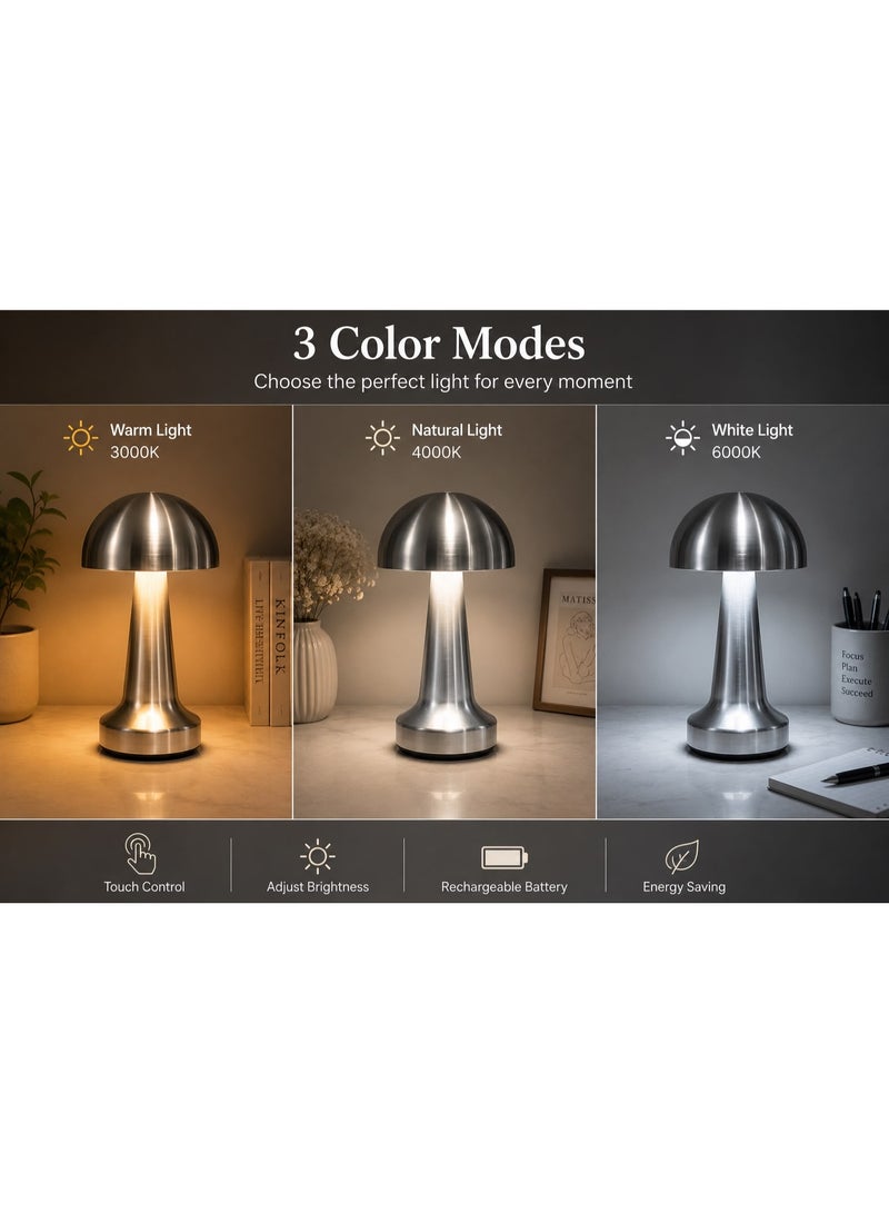 مصباح طاولة على شكل فطر، مصباح ليلي LED محمول قابل لإعادة الشحن مع خاصية التعتيم باللمس، مصباح بجانب السرير للأطفال، غرفة النوم، غرفة المعيشة، المكتب، وديكور البار، فضي - Image 3
