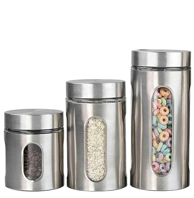 WRINGO 850Ml 550Ml 350Ml Glass Food Storage Airtight Tea Coffee Sugar Containers For Kitchen Storage With Lid For Tea Coffee & Sugar,Dry Fruit Jars,Storage Box,Set Of 3 (Wr-16),Silver & Transparent - Image 1