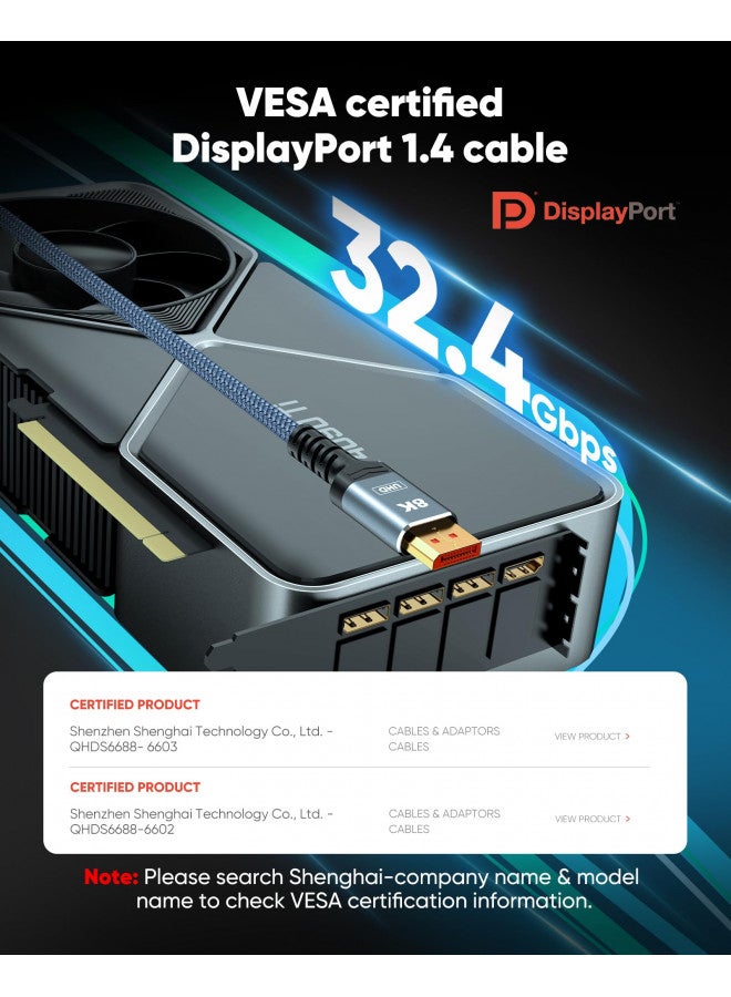 Capshi 8K DisplayPort Cable 1.4, VESA Certified 8K 4K DP Cable 6.6ft, Display Port Cable [8K@60Hz, 4K@144Hz, 2K@240Hz, 32.4Gbps], High Refresh Rate for Gaming Monitor, HBR3, HDR, Graphics Card, PC - Image 2