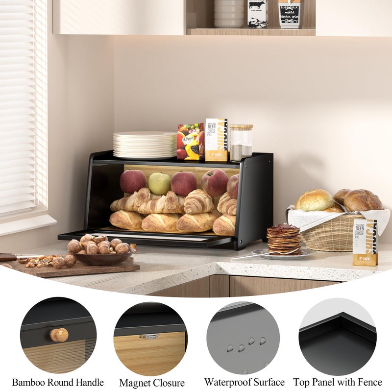 TQQDCI Bread Box for Kitchen Countertop, Vintage Wooden Counter Breadbox, Bamboo Bread Storage Container Bin for Homemade Bread, Small Farmhouse Corner Breadbox Organizer with Acrylic Window, Black - Image 5