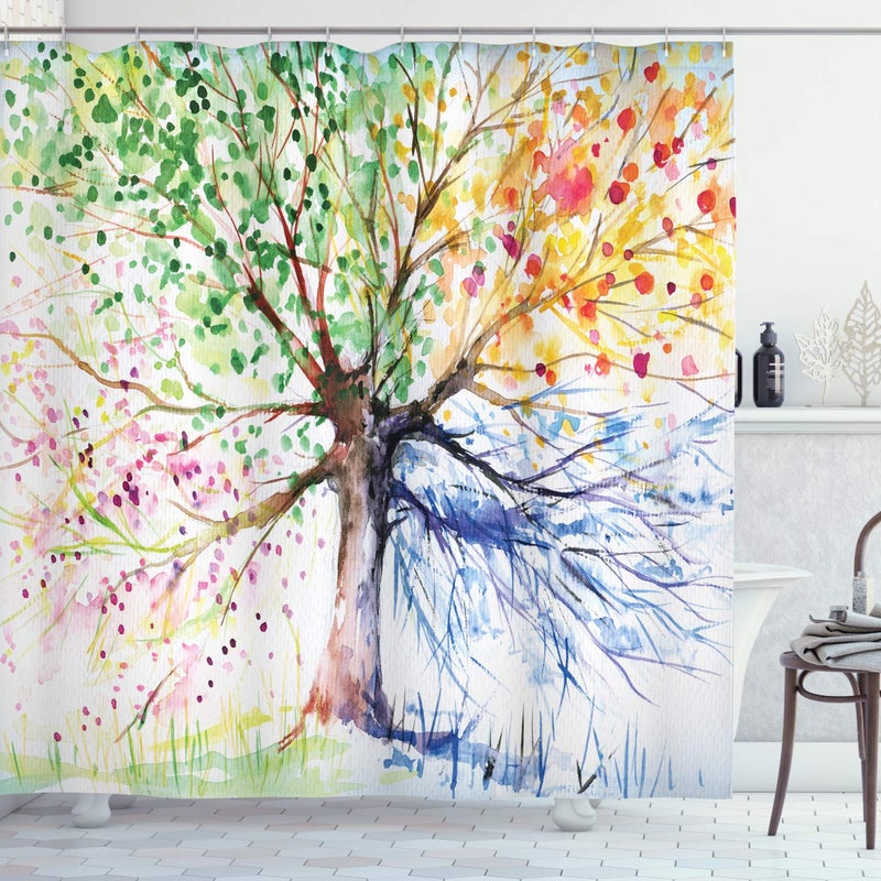 Ambesonne Tree Shower Curtain  Watercolor Style Drawing Art with Colorful Blooming Branches 4 Seasons Theme Printed  Cloth Fabric Bathroom Decoration for Home Set with Hooks  69"" W x 75"" L White Green - Image 1