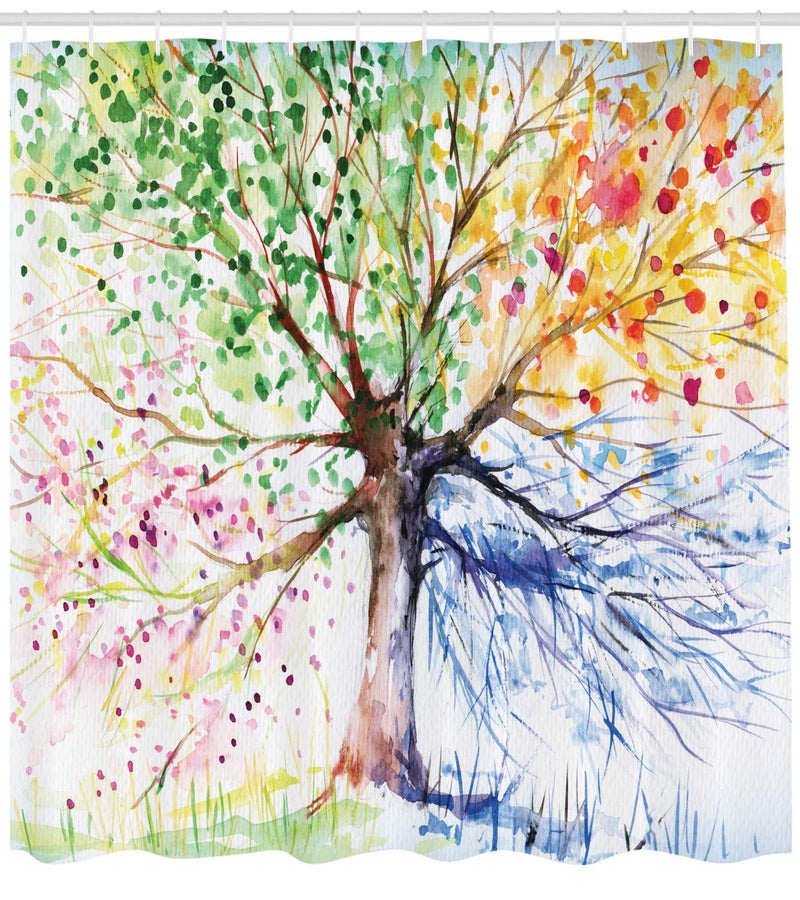 Ambesonne Tree Shower Curtain  Watercolor Style Drawing Art with Colorful Blooming Branches 4 Seasons Theme Printed  Cloth Fabric Bathroom Decoration for Home Set with Hooks  69"" W x 75"" L White Green - Image 2