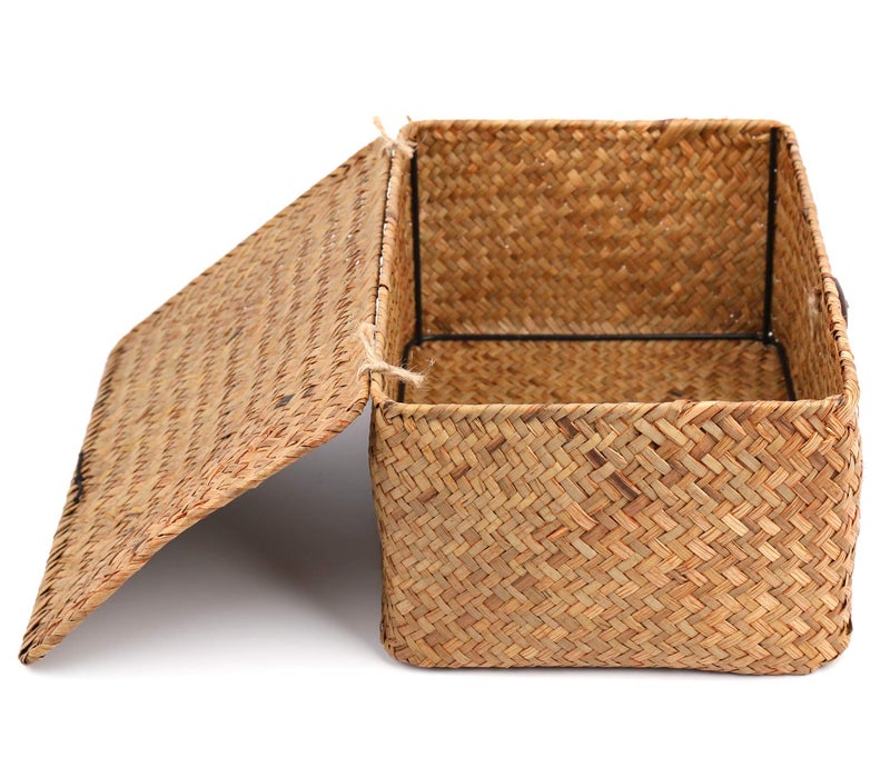 Yesland Handwoven Seagrass Rattan Storage Basket - 11.5'' x 7.5'' x 5'' - Brown Rectangular Makeup Organizer Container with Lid, Perfect for Decoration, Picnic, Groceries and Toy Storage - Image 4