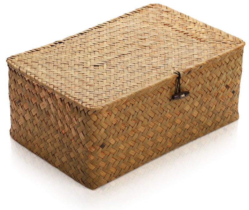 Yesland Handwoven Seagrass Rattan Storage Basket - 11.5'' x 7.5'' x 5'' - Brown Rectangular Makeup Organizer Container with Lid, Perfect for Decoration, Picnic, Groceries and Toy Storage - Image 1