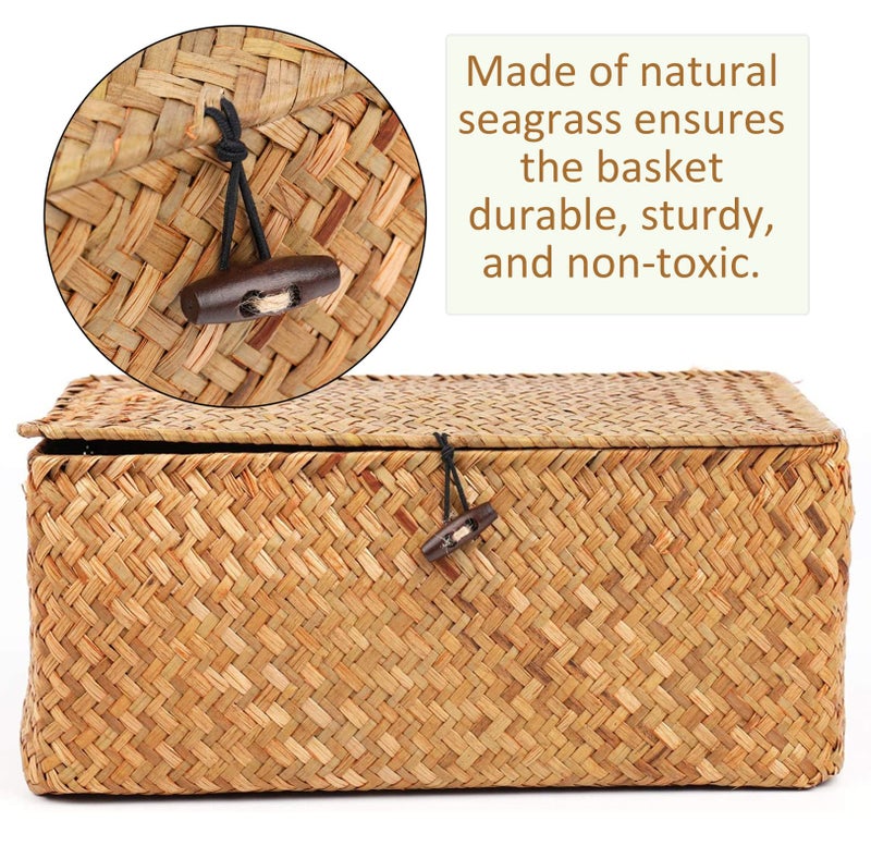 Yesland Handwoven Seagrass Rattan Storage Basket - 11.5'' x 7.5'' x 5'' - Brown Rectangular Makeup Organizer Container with Lid, Perfect for Decoration, Picnic, Groceries and Toy Storage - Image 3