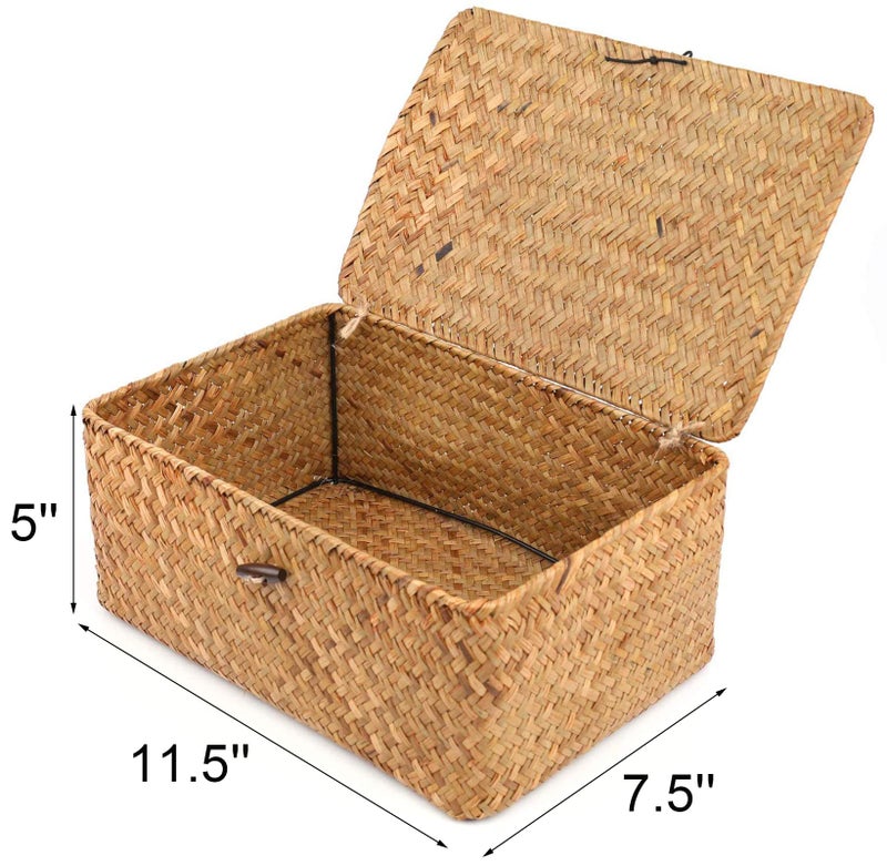 Yesland Handwoven Seagrass Rattan Storage Basket - 11.5'' x 7.5'' x 5'' - Brown Rectangular Makeup Organizer Container with Lid, Perfect for Decoration, Picnic, Groceries and Toy Storage - Image 2