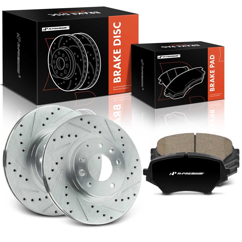 A-Premium A-Premium 11.41 inch (289.8mm) Front Drilled and Slotted Disc Brake Rotors + Ceramic Pads Kit Compatible with Select Mazda Models - MX-5 Miata MX5 Miata 2006-2015, 6-PC Set  - Image 1