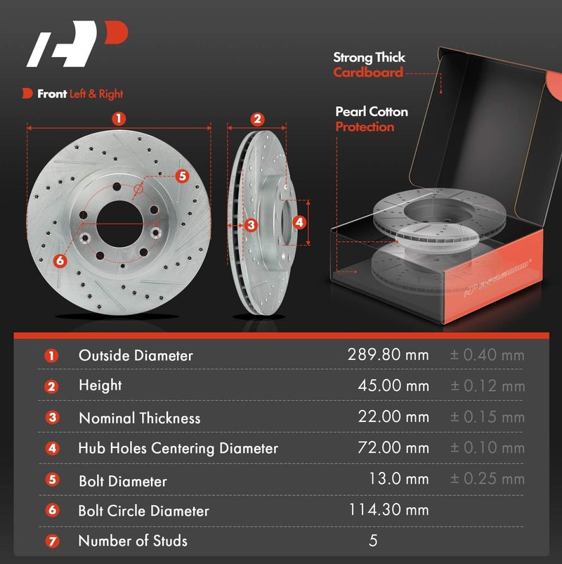 A-Premium A-Premium 11.41 inch (289.8mm) Front Drilled and Slotted Disc Brake Rotors + Ceramic Pads Kit Compatible with Select Mazda Models - MX-5 Miata MX5 Miata 2006-2015, 6-PC Set  - Image 2