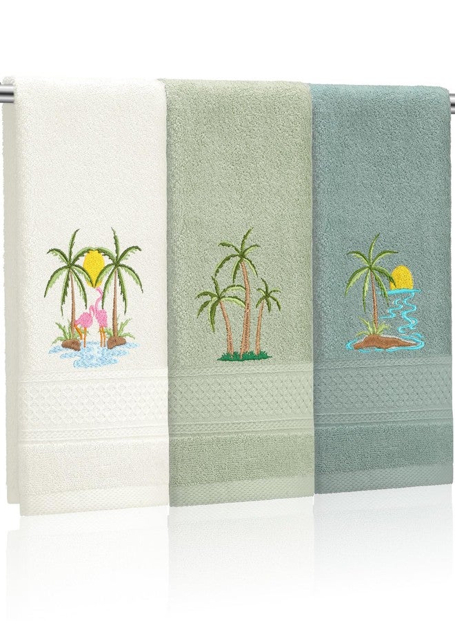 Hahafelt 3 Pack Summer Palm Tree Hand Towels for Bathroom 100% Cotton Embroidered Beach Bathroom Towels 13.78 x 29.53 Inch Soft Absorbent(Green Series, Palm Tree) - Image 1