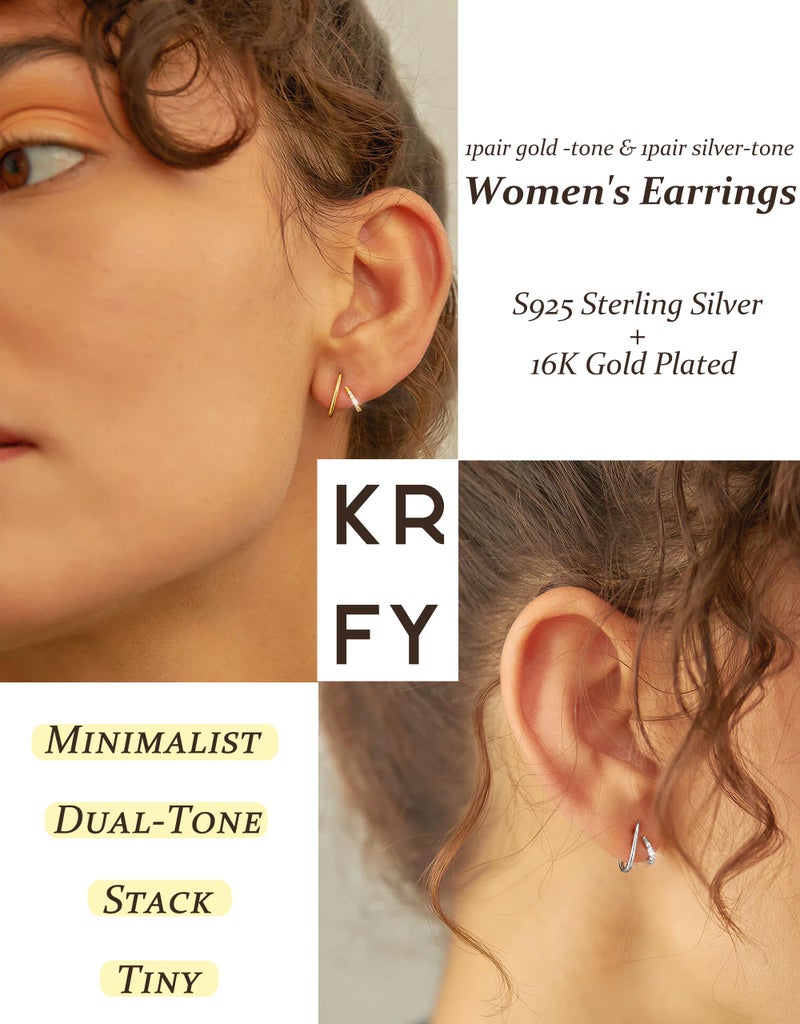 KRFY 2 Pairs Stud Earrings for Women, 16K Plated Gold Earrings for Women Trendy S925 Sterling Silver Post, Dainty Hypoallergenic Silver Earring Jewelry with Clear CZ No Tarnish - Image 5