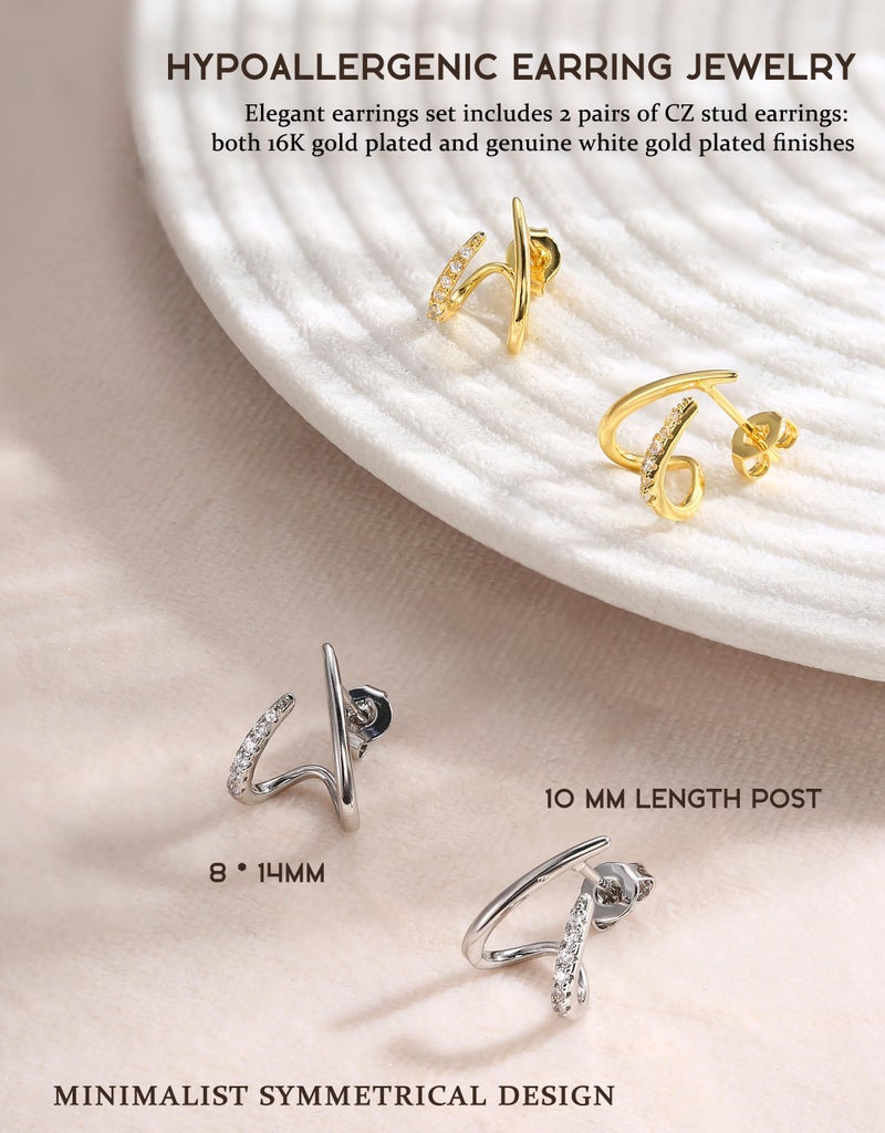 KRFY 2 Pairs Stud Earrings for Women, 16K Plated Gold Earrings for Women Trendy S925 Sterling Silver Post, Dainty Hypoallergenic Silver Earring Jewelry with Clear CZ No Tarnish - Image 2