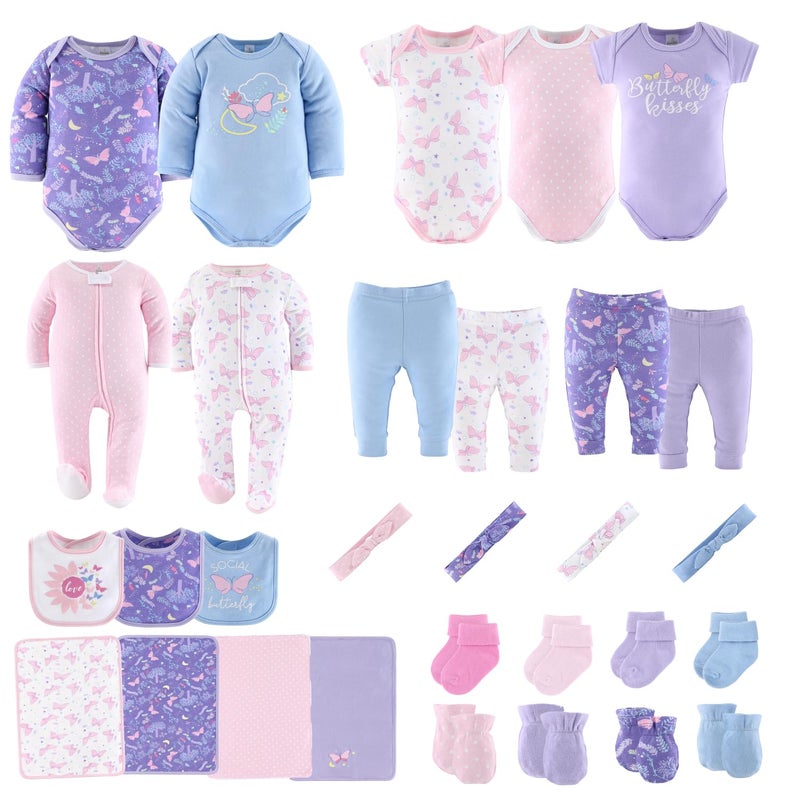 The Peanut Shell The Peanutshell Baby Layette Gift Set for Girls - 30 Piece New Born Girl Gift Set, Baby Clothes & Newborn Essentials Must Haves - Newborn Clothes 6-9 Months - Purple Butterfly - Image 1