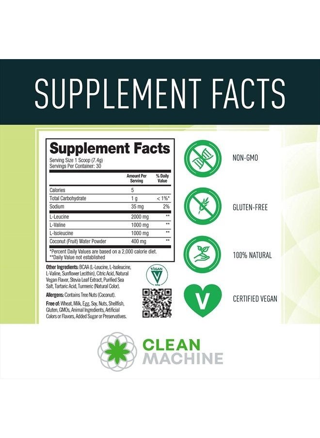 Clean Machine - Clean BCAA - 2:1:1 Food Sourced Vegan BCAAs Powder & Coconut Water Electrolytes Recovery & Amino Energy Supplement - Award Winning Vegan Amino Acid Supplement - Lemonade - 222g - Image 1