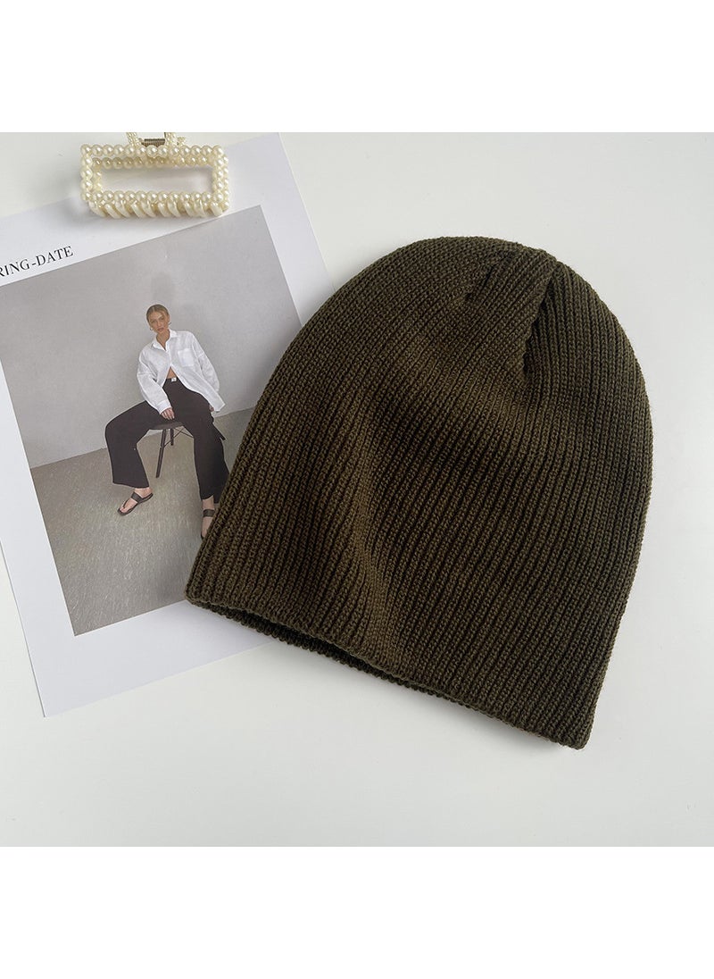 Generic - White knitted hat for women autumn and winter Korean style fashionable all-matching solid color big head circumference wool pullover hat confinement delivery Brown - Image 1