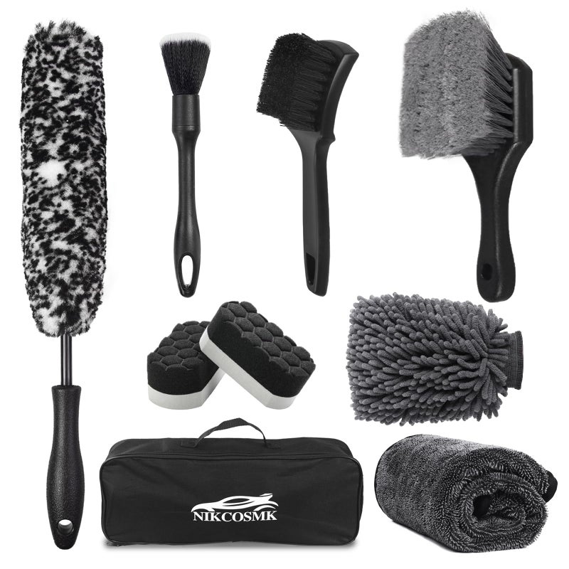 NIKCOSMK 9Pcs Car Wheel & Tire Brush Kit, Wheel Cleaner Brush, Soft-bristled Rim Brush, Car Drying Towel (36"x 24"), Tire Shine Applicator Pad, Car Wash Mitt, Car Detailing Cleaning Wash Brush Supplies Kit - Image 1