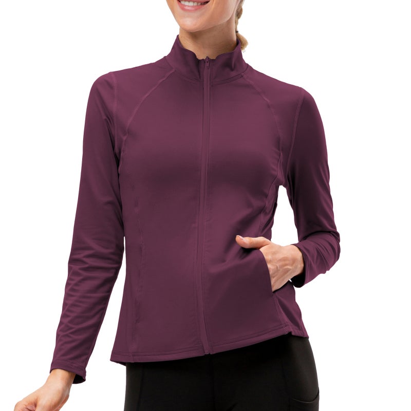 Full Length Jacket: Burgundy Small, Lightweight Soft Polyester Spandex Fabric, Slim Fit Waist-shaping, Breathable Quick-dry Stretchy, 4 Pockets Turtleneck - Functional Patchwork Design Active Sporty J - Image 1