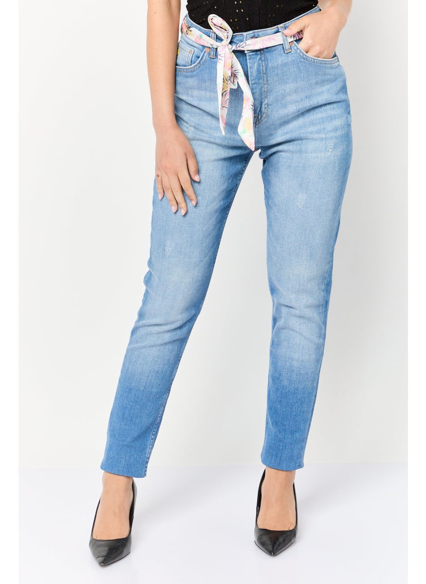 Scotch & Soda Women Skinny Fit Washed Stretchable Tie Belted Jeans, Blue  - Image 1