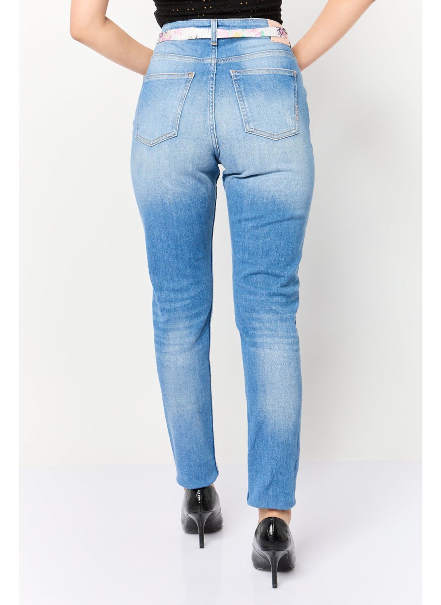 Scotch & Soda Women Skinny Fit Washed Stretchable Tie Belted Jeans, Blue  - Image 3