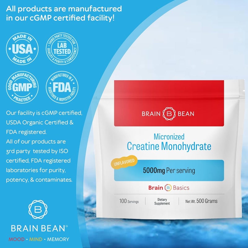 Brain-Bean 500mg Unflavored Micronized Creatine Monohydrate Powder Helps Boost Energy for Brain Health  NonGMO GlutenFree Creatine Powder Supports Muscle Health Made in USA - Image 2