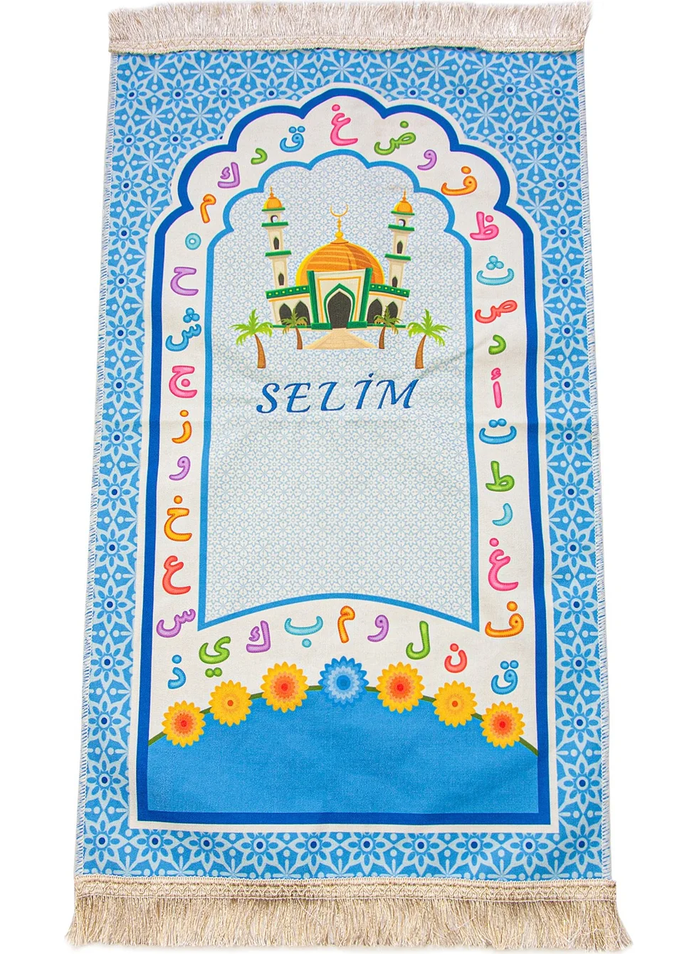 İhvan Online Children's Prayer Rug with Personalized Embroidery, Mosque and Arabic Alphabet, Blue