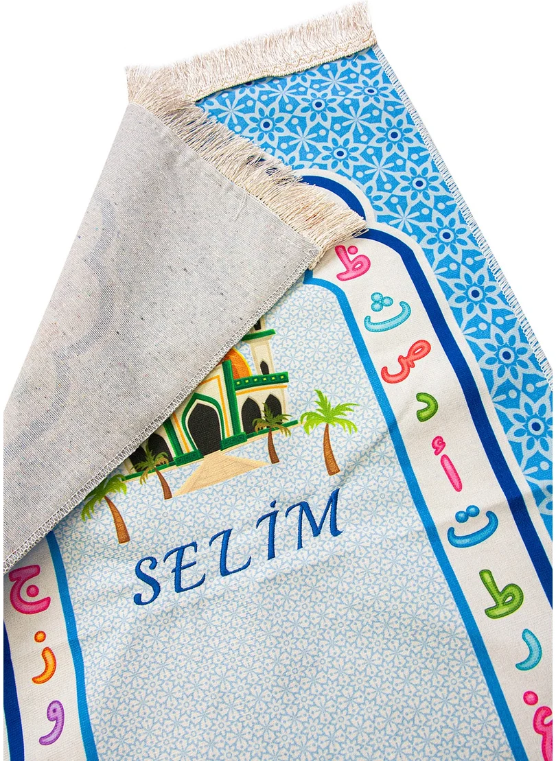 İhvan Online Children's Prayer Rug with Personalized Embroidery, Mosque and Arabic Alphabet, Blue