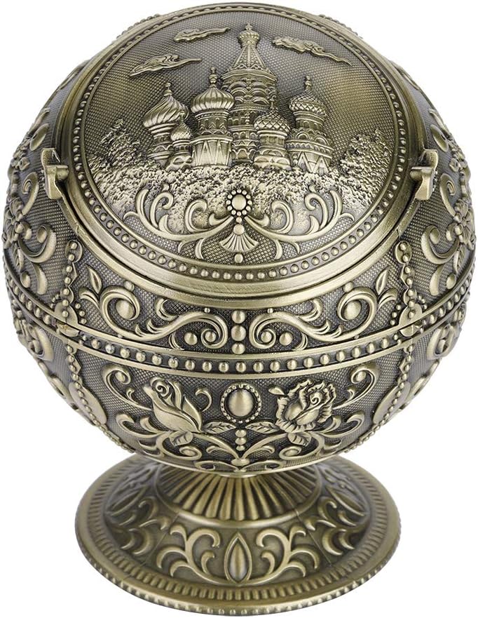 Vintage Art Craft Ashtray Round Ball Metal Stamped Pattern Electroplated Storage Box Gift Bronze Castle - Image 4