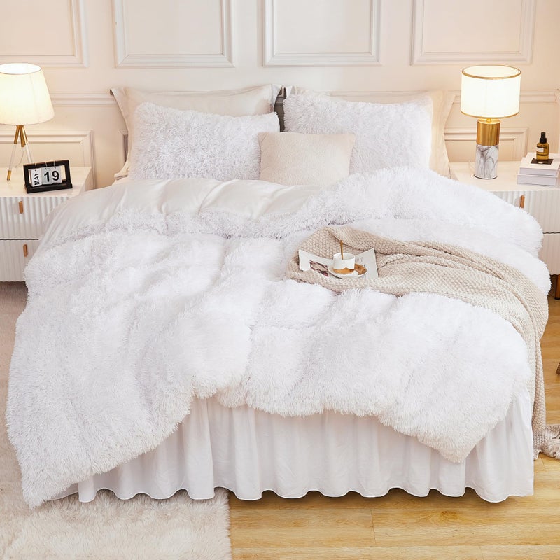 Andency Faux Fur White Comforter Queen Size 3 Pieces Fluffy Fuzzy Plush Bedding Comforter Set 1 Shaggy Velvet Comforter  2 Pillowcases Soft Puffy Comfy Down Alternative Comforter Bedding Set