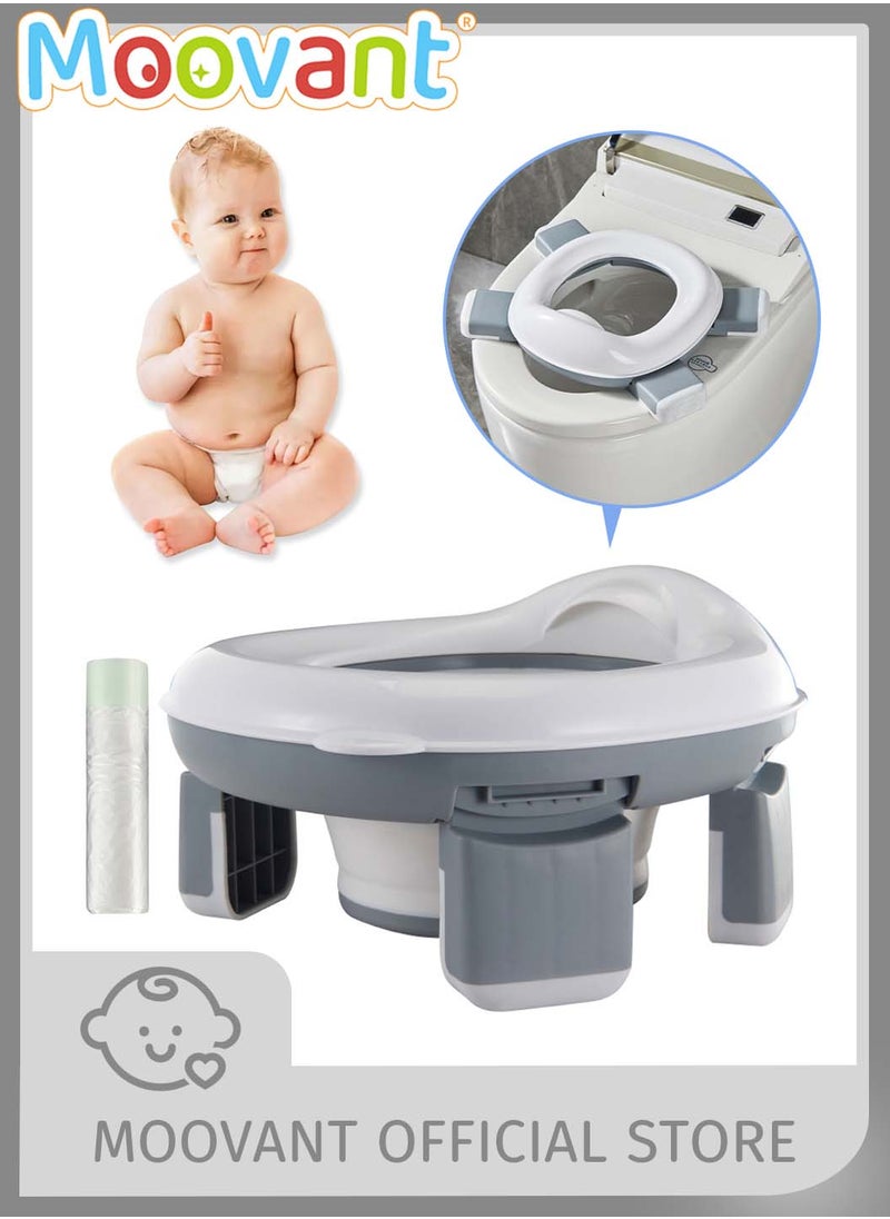 Kids Potty Training Seat with Cleaning Bag, Portable Foldable Mobile Toilet Seat, Non-Slip Outdoor Travel Toilet for Baby Girls Boys, Gray and White