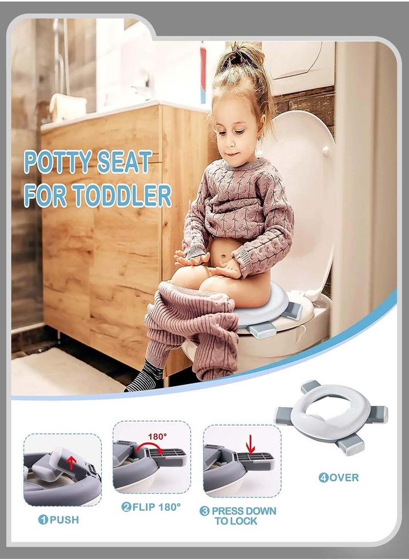 Kids Potty Training Seat with Cleaning Bag, Portable Foldable Mobile Toilet Seat, Non-Slip Outdoor Travel Toilet for Baby Girls Boys, Gray and White