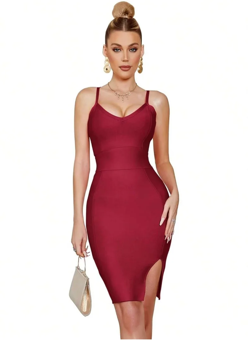مدام يونيك Women's Burgundy V-neck Side Slit Dress for Women Bodycon Dress Cocktail Party Club Dress