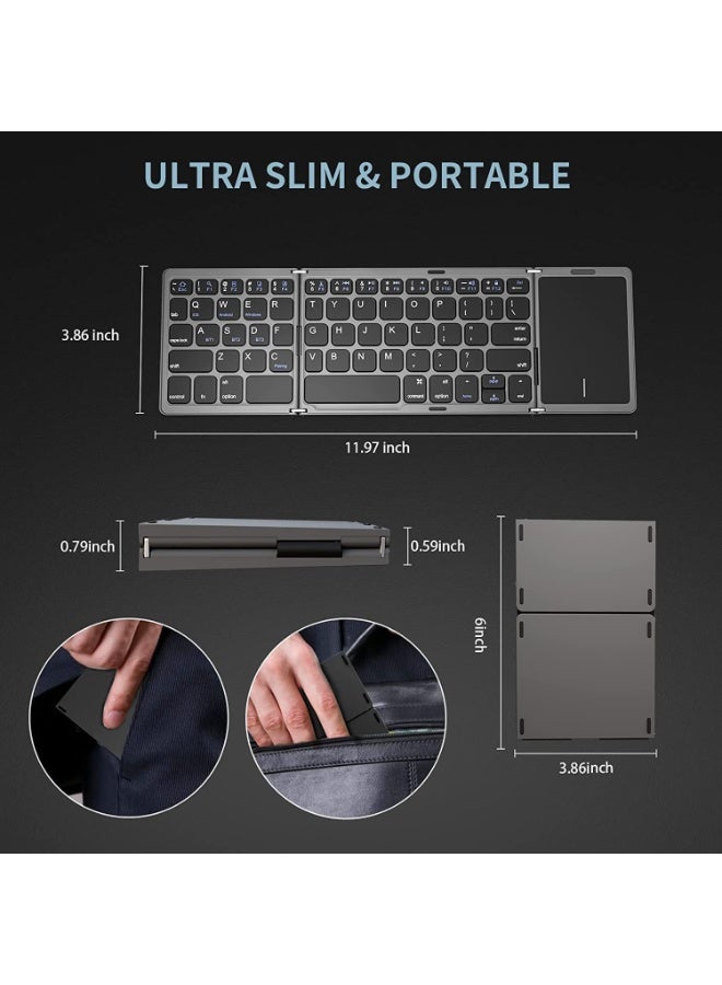 Muzz Foldable Wireless Bluetooth Keyboard For Travel, Pocket-Sized Tri-Folded Portable Keyboard With Touchpad, Type-C Rechargeable Travel Keyboard For Windows Mac Android iOS, Sync Up to 3 Devices - Image 2