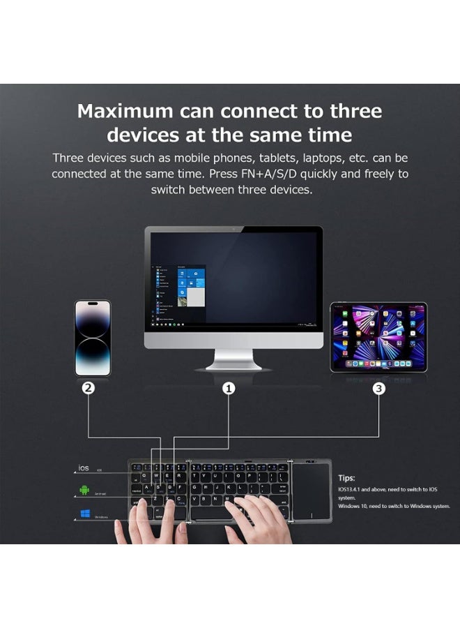Muzz Foldable Wireless Bluetooth Keyboard For Travel, Pocket-Sized Tri-Folded Portable Keyboard With Touchpad, Type-C Rechargeable Travel Keyboard For Windows Mac Android iOS, Sync Up to 3 Devices - Image 4