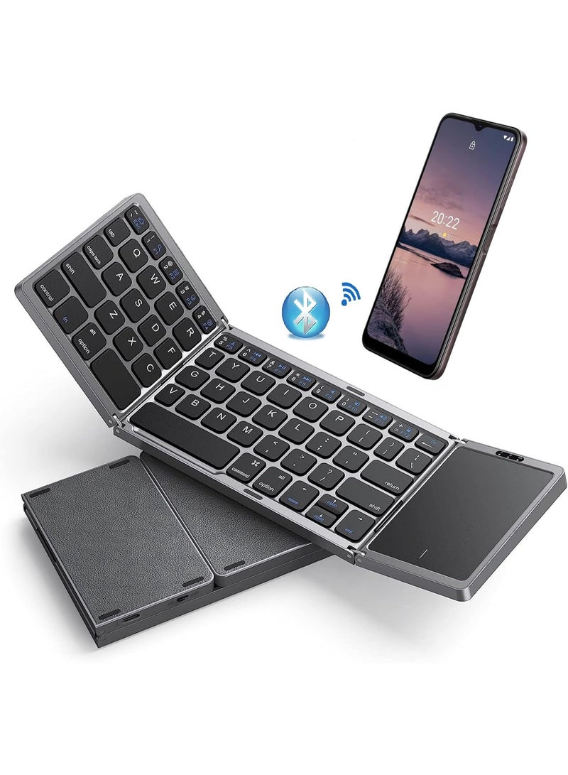 Muzz Foldable Wireless Bluetooth Keyboard For Travel, Pocket-Sized Tri-Folded Portable Keyboard With Touchpad, Type-C Rechargeable Travel Keyboard For Windows Mac Android iOS, Sync Up to 3 Devices - Image 1
