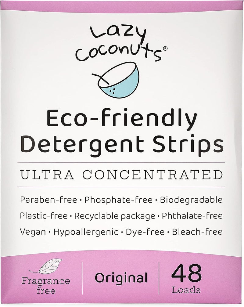 Lazy Coconuts Eco Friendly, Plant Powered Laundry Detergent Strips - Fragrance Free, Unscented, Ultra Concentrated, Earth Friendly No Plastic - Lightweight and Perfect For Home, Dorms, Travel, Camping - Image 1