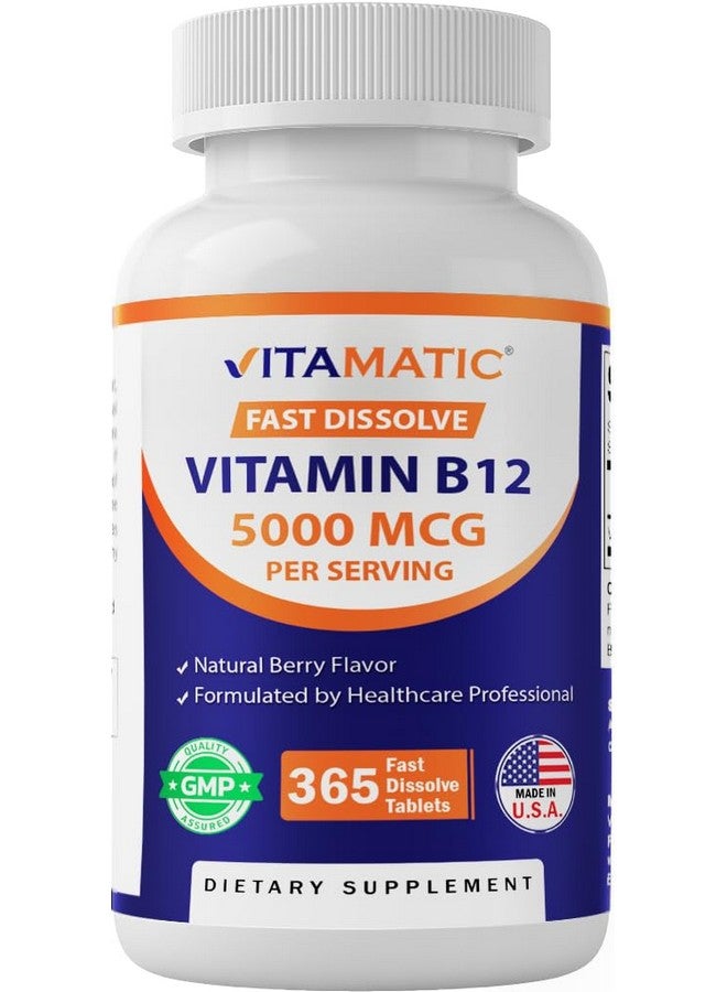 Vitamatic Vitamin B12 5000 mcg - 365 Fast Dissolve Tablets Berry Flavor - Supports Energy Production & Nervous System Health - Non-GMO, Gluten-Free - Image 1