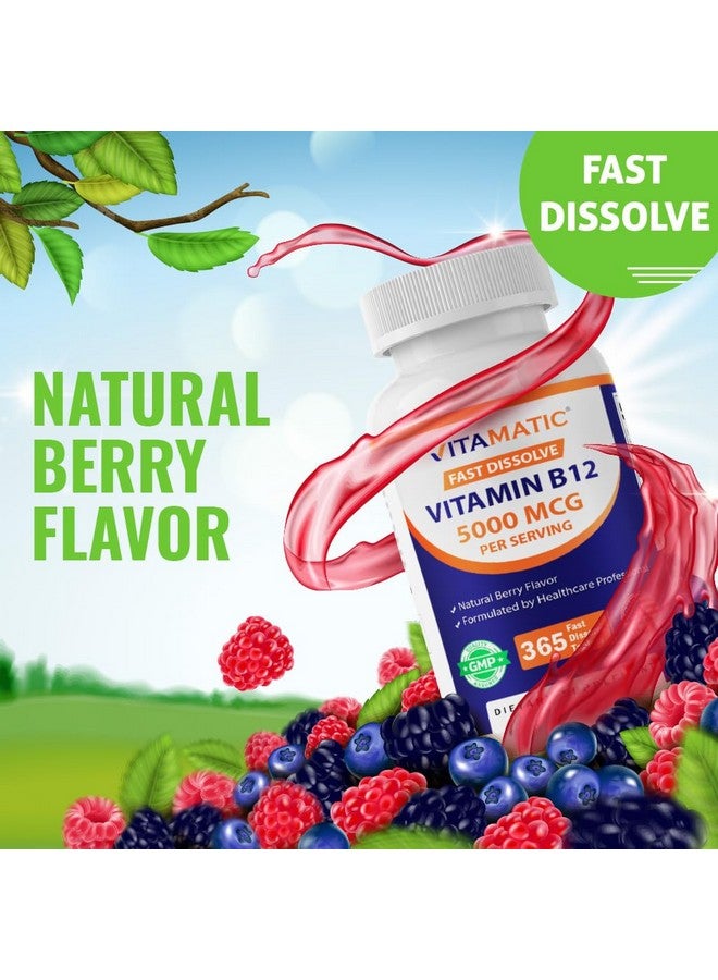 Vitamatic Vitamin B12 5000 mcg - 365 Fast Dissolve Tablets Berry Flavor - Supports Energy Production & Nervous System Health - Non-GMO, Gluten-Free - Image 5
